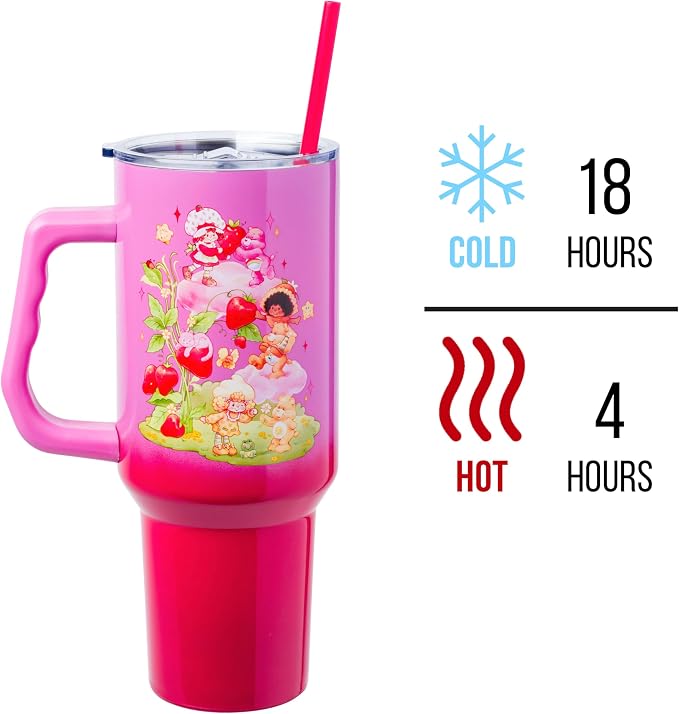 Silver Buffalo Care Bears and Strawberry Shortcake Ombre Double Walled Stainless Steel Tumbler with Handle, Fits in Standard Cup Holder, 40 Ounces