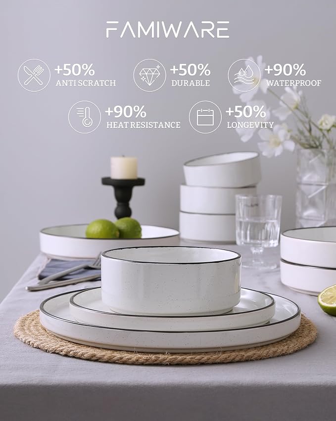 Famiware Nebula Plates and Bowls Sets for 4, 12 Pieces Stoneware Dinnerware Set, Microwave and Dishwasher Safe Dishes Set, White with Black Rim