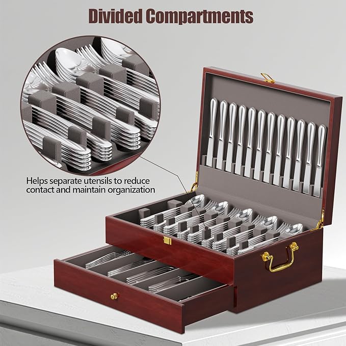 Mahogany Wood Silverware Storage Box,Silverware Case Flatware Chest with Felt Lined,Flatware Storage Box for 12 sets of Utensils（Walnut，2 Tier）