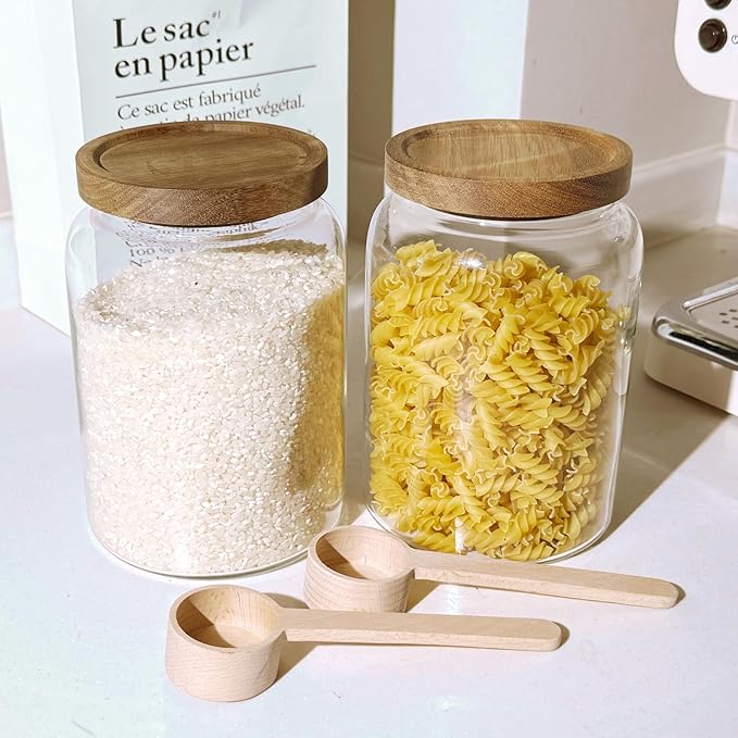 yutrenn Glass Food Storage Jars with Wooden Lids, Flour Glass Jar with 2 Wood Measuring Spoon, Clear Thick Glass Jar Kitchen Containers for Rice, Oats, Grains, 120 Pcs Food Labels (93 Oz, 2750ml)