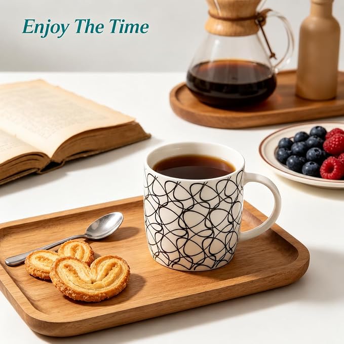 Okllen 6 Pack 11.5 Oz Coffee Mugs Geometric Textured, Ceramic Coffee Mugs Stylish Tea Cup Mugs Set Gift for Latte, Cappuccino, Milk, Water, Cocoa, Cereal, Black and White
