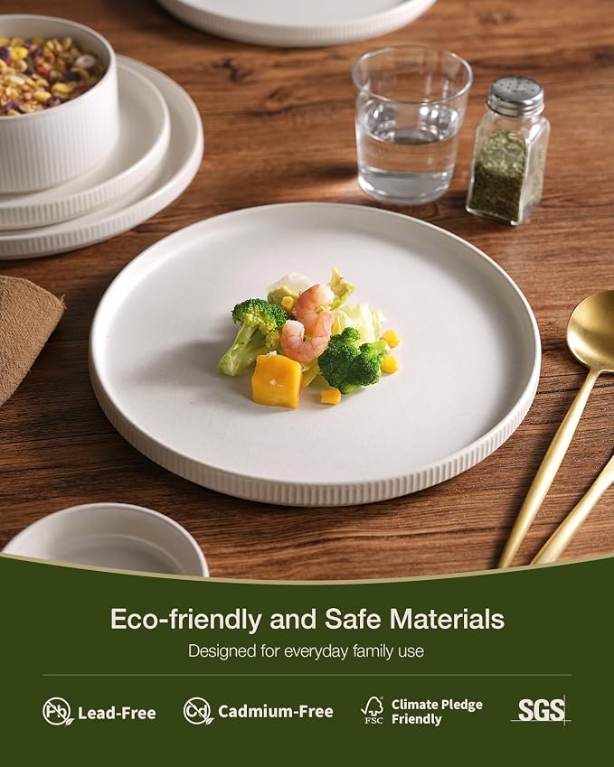 Famiware Star 8-Piece Stoneware Dinnerware Sets for 4 – 10.5" Flat Dinner Plates & 23 oz Deep Cereal Bowls, for Everyday & Formal Use, Chip & Scratch Resistant, Microwave/Dishwasher Safe, Matte White