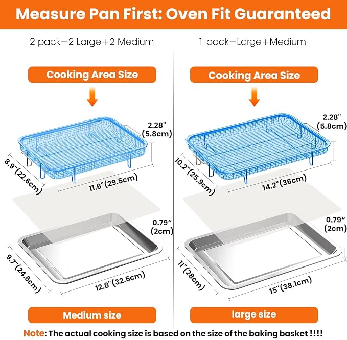 304 Stainless Steel Air Fryer Basket for Oven 2 Pack Crisper Tray Mesh Set | 2 sizes fit 16 wings/6 burgers, compatible with Frigidaire/Samsung oven, 304 steel non-stick mesh, dishwasher safe, 60 papers