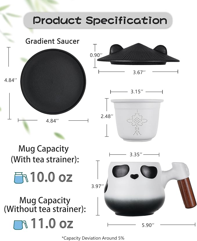 ZENS Tea Cup with Infuser and Lid, 11 oz Cute Panda Tea Mug with Strainer and Coaster for Loose Leaf Tea Steeper, Ceramic Tea Cup for Daughter, Collector's Mug Gifts