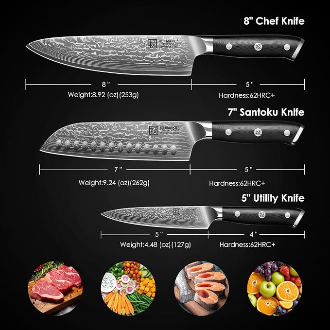 KEEMAKE Damascus Kitchen Knife Set, 3 PCS Japanese Knife Sets with Full Tang Ergonomic Handle, 67 Layers Damascus Chef Knives, Gift Box for Men Husband