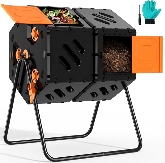 45 Gallon (170L) Compost Tumbler Outdoor, Dual Chamber Compost Bin with 360° Rotating Design, Adjustable Vents, Easy Assembly, Large Openings for Kitchen, Garden & Yard Waste