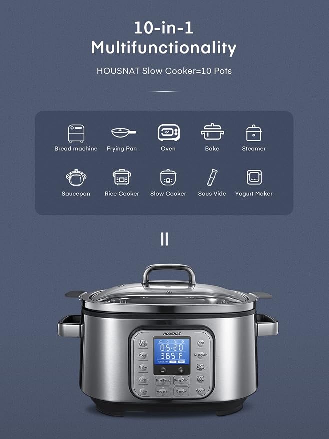 HOUSNAT Slow Cooker, 10 in 1 Programmable Slow Cooker 6QT 304 Stainless Steel Inner Pot, Multi-Cooker with Rice, Yogurt, Sauté, Steam, Delay Start & Adjustable Temp – for Large Families & Entertaining