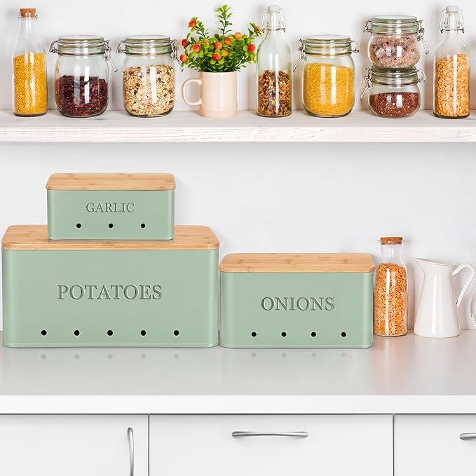 Honeydak 3 PCS Sage Green Potato Onion Garlic Storage Bins Set, Metal Vegetable Keeper Containers with Lids Aerating Holes for Kitchen Counter Pantry Keep Fresh Longer Farmhouse for Sweet-potato Fruit