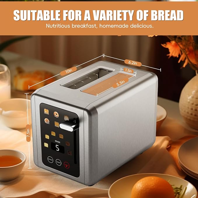 Touch screen Toasters 2 slice,Stainless Steel Digital Timer Toaster with Sound Function,6 Bread Types & 6 Shade Settings,Smart Extra Wide Slots Toaster with Bagel,Defrost Functions,Silver