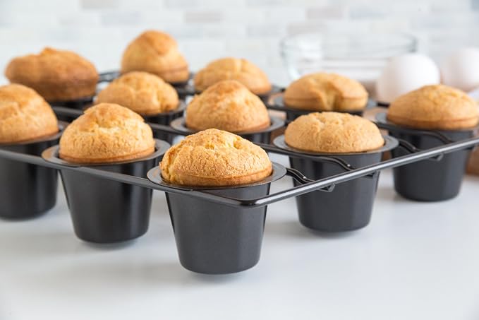 Fox Run Linking Mini Popover Pan, Carbon Steel, Nonstick, 12 Mini Cups | Bake Popovers & Yorkshire Pudding | Easy Release Nonstick | Consistent Results | 12 Mini Cup Pop Over Baking Pan