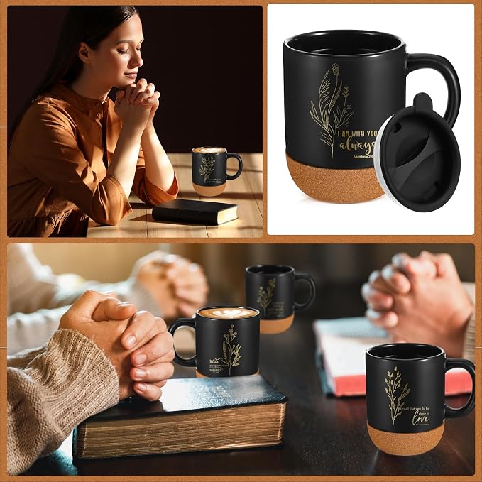 FillTouch 12 Pcs Christian Mug Gifts Bulk 15oz Religious Cup Cork Bottom Coffee Mug with Verse Inspirational Gift for Women Men Pastor Church Group Bible Study Member(Black,Flower)