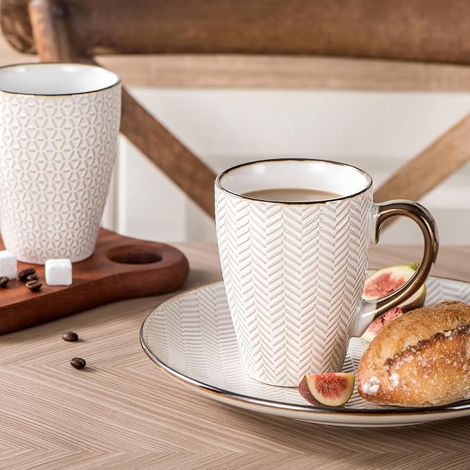 Ceramic Coffee Mug Set - 16 Oz Large Coffee Mugs - Embossed Stoneware Cups with Handle for Latte Tea Cappuccino Cocoa - Microwave Dishwasher Safe - Set of 4 - Square Pattern
