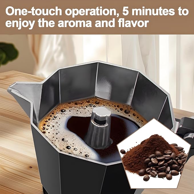 Aluminum Electric Moka Pot 3-6 Cup 270ml Express Coffee Maker Stovetop Espresso Portable Coffeemaker Italian Classic Brewing Greca Cafe Mocha with Removable Base and Overheating Protection Machine