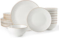 Famiware Jupiter 24-Piece Stoneware Dinnerware Set, Handcrafted Plates and Bowls with Speckles & Embossed Swirls, Chip/Scratch Resistant, Microwave/Dishwasher Safe, Rustic Dishes, Service for 8, White