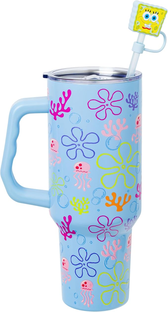 Silver Buffalo Spongebob Squarepants Jellyfishing in Bikini Bottom Double Walled Stainless Steel Tumbler with Handle, Straw, and Straw Cap, Fits in Standard Cup Holder, 40 Ounces