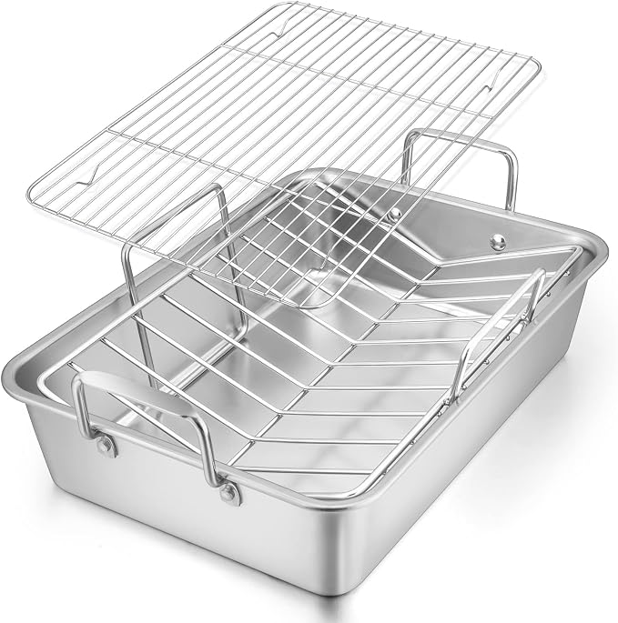 E-far Roasting Pan, 16 x 11.5 Inch Stainless Steel Turkey Roaster with V-shaped & Flat Rack, Non-toxic & Heavy Duty Deep Broiling Pan, Dishwasher Safe - Large