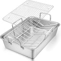 E-far Roasting Pan, 16 x 11.5 Inch Stainless Steel Turkey Roaster with V-shaped & Flat Rack, Non-toxic & Heavy Duty Deep Broiling Pan, Dishwasher Safe - Large