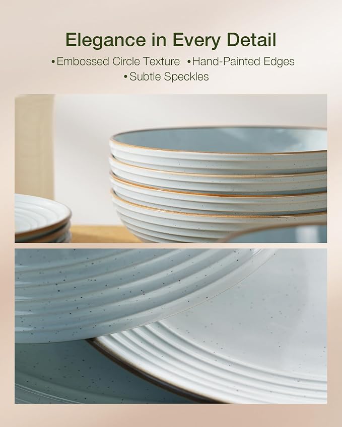 Famiware Jupiter 16-Piece Stoneware Dinnerware Set for 4 - Includes Pasta Bowl & Dinner Plate, Handcrafted Dishes with Speckles & Embossed Swirls, Chip & Scratch Resistant, Daily & Formal Use, Blue