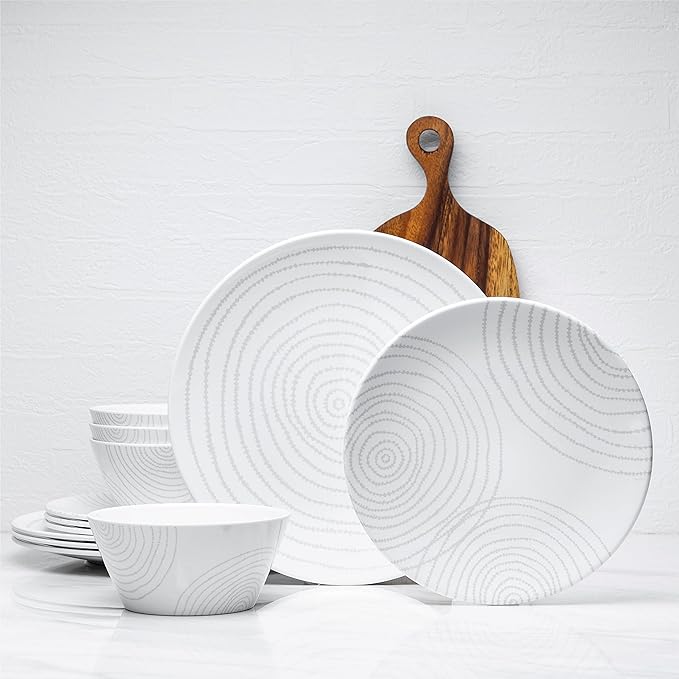 BZYOO BPA-Free Dishwasher Safe 100% Melamine Plastic Plate & Bowl Set Casual dining Indoor and Outdoor Dining Party (12 PCS Dinnerware set, Service for 4, white planet)