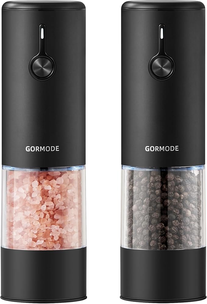 Black Stainless Steel Electric Salt and Pepper Grinder Set with Dust Cover – Rechargeable Automatic Pepper Mill, LED Light, Adjustable Coarseness (2 Pack)