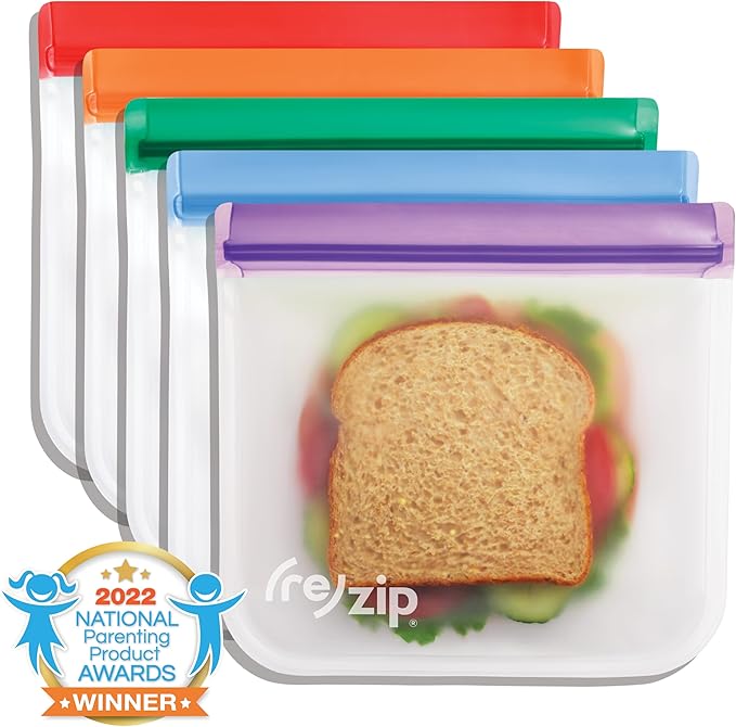 (re) zip 5-pack Reusable Sandwich Lunch Food Storage Bags (28 Fl Oz, 3.5 Cup) | BPA-Free, Food Grade, Leakproof, Freezer Safe, Dishwasher Safe, Travel Friendly | Jewel Tones for Easy Organization