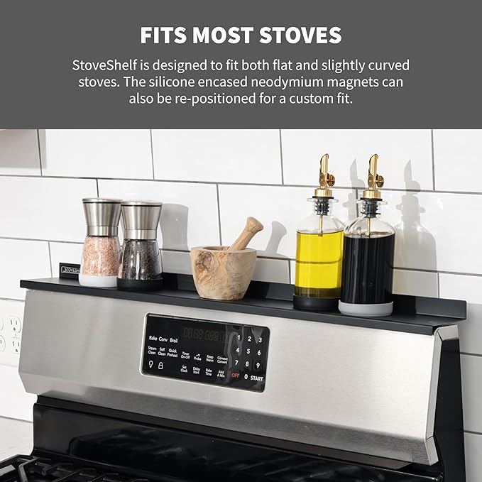 StoveShelf Deluxe 30" Length Black Magnetic Shelf for Kitchen Stove - Extra Strength Double Magnets - Kitchen Storage Solution with Zero Installation - Over Stove Spice Rack Organizer