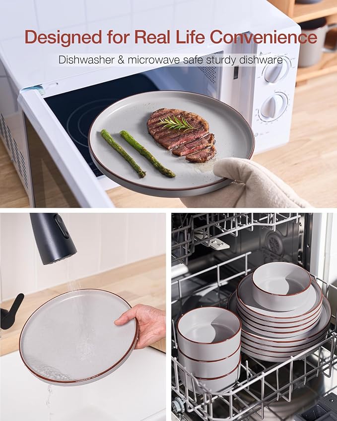 Famiware Nebula Ridge Stoneware Dinnerware Sets for 8, 24 Pieces Plates and Bowls Sets, Dishes Set, Microwave and Dishwasher Safe Kitchen Plates, Light Gray