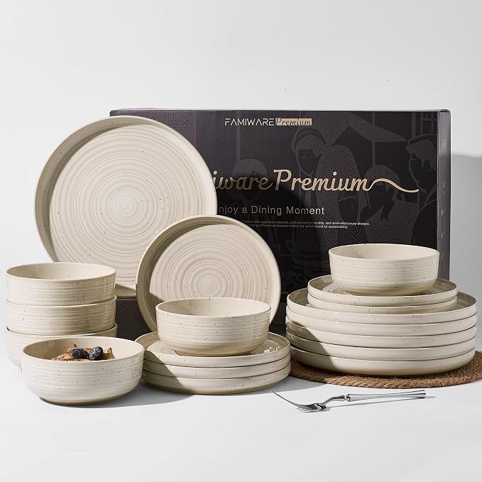18-Piece Reactive Glaze Stoneware Dinnerware Sets for 6 - Coupe Plates & Bowls with Speckles & Spirals - Chip & Scratch Resistant, Microwave & Dishwasher Safe - Gift Box, Shell Beige
