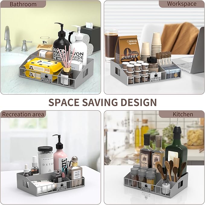 Coffee Station Organizer with 4 Compartments, K Cup Holder Storage Basket for Coffee Pods, Cups, Condiments, Sturdy Countertop Organizer for Kitchen Office Desktop Coffee Bar Accessories Metal Silver
