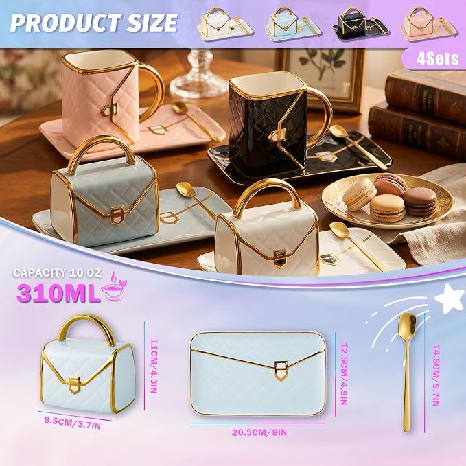 Handbag Coffee Mug Set of 4, Handbag Coffee Mug, Purse Coffee Ceramic Mug Set 10 Oz/ 310 ml Cute Creative Design Travel Tea Cup for Women Men Father's Day Thanksgiving Christmas Gifts