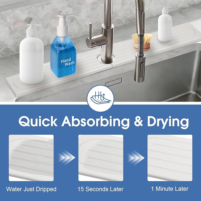 Stone Faucet Mat for Kitchen Sink, Water Absorbing Stone Faucet Splash Guard for Bathroom Counter 15.8" x 4", Kitchen Sink Splash Guard Behind Faucet, Ultra Fast Absorbing Mat Diatomaceous Earth