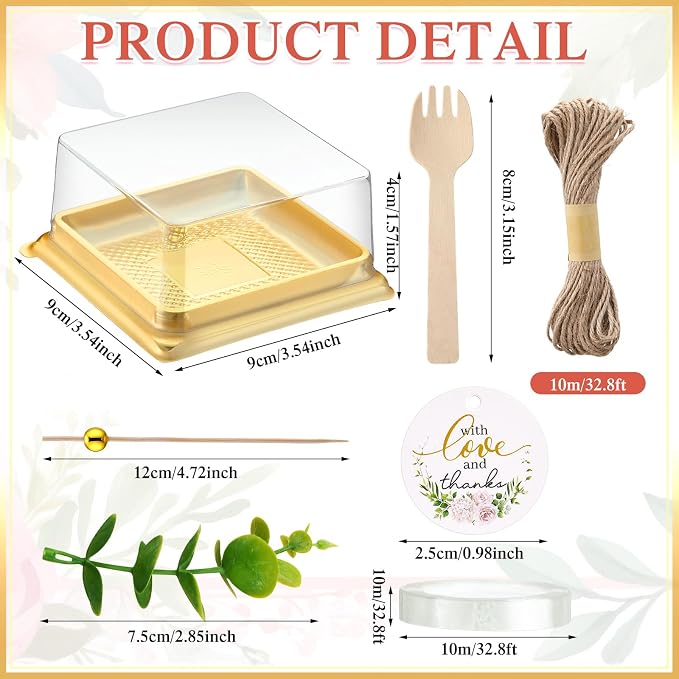 Honeydak Clear Cake Containers Mooncake Boxes with Lids, Wedding Dessert Cupcake Box with Forks, Thank You Tags Eucalyptus Leaves, Mini Cake Packaging for Wedding Favors Birthday Party(Gold,50 Sets)