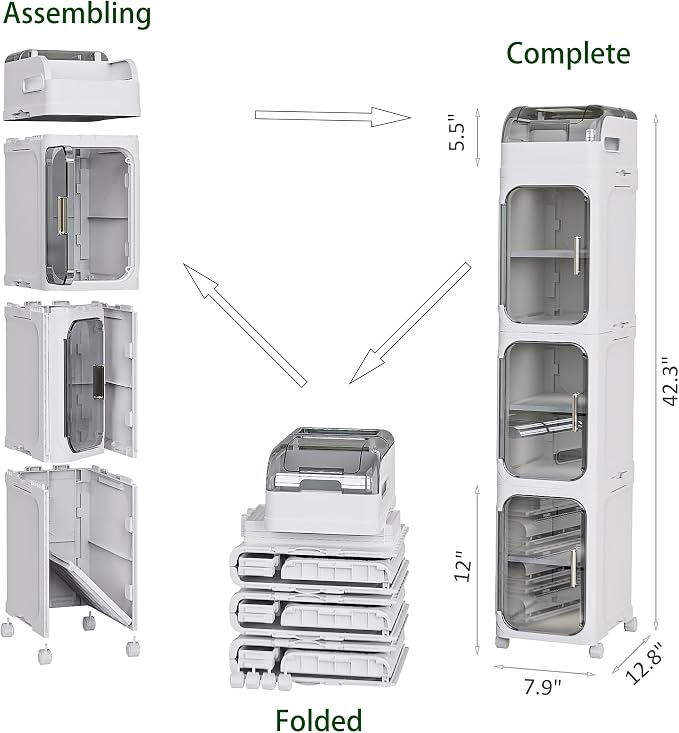 BINSIO 4-Tiers Toilet Paper Storage, Slim Bathroom Organizers and Storage, Bathroom Counter Organizer, Bathroom Organizer Storage Cabinet, Portable Laundry Room Organization, Plastic White Clear Doors