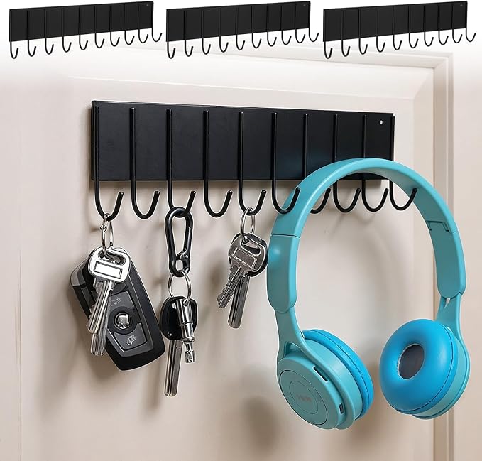4Pcs Magnetic Key Holder for Fridge, With 10 Hooks Wall - Strong Magnetic Hooks Organizer for Keys, Kitchen Utensils, Towels, Grill Tools - No Drill Iron Key Rack for Metal Door, Garage, Laundry Room