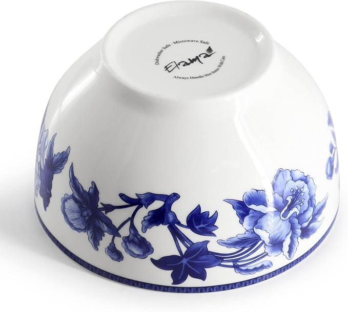 Elama Cattleya Orchid Design 16 Piece Round Porcelain Dinnerware Set in Blue and White, Tableware Set, Service for 4