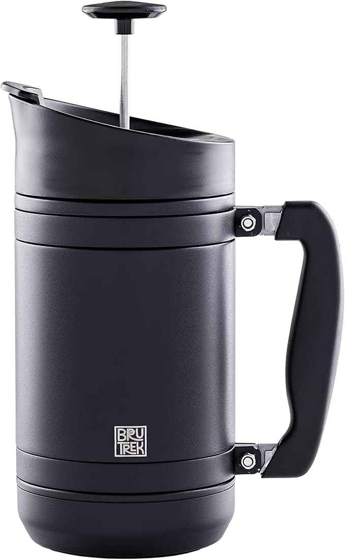 BruTrek® by Planetary Design BaseCamp Coffee Press - Double Wall Insulated Stainless Steel - Bru-Stop Technology, No Grounds in Coffee, No Spill Lid (Obsidian, 32 fl.oz)