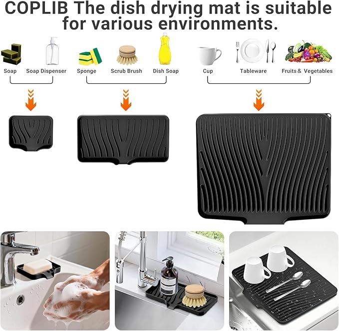 Silicone Dish Drying Mat for Kitchen Counter, Dish Drying Pad, Non-Slip Drain Pad with Built-in Drain, Heat Resistant Stone Drying Mat
