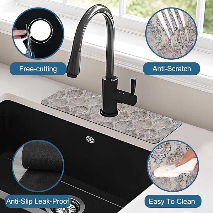 Grey Ceramic Printing Sink Splash Guard Ceramic Texture Faucet Absorbing Mat Fast Drying Mat Sink Gadgets Splash Guard Behind Faucet Drip Catcher for Kitchen Bathroom, 15.5"x5.5"