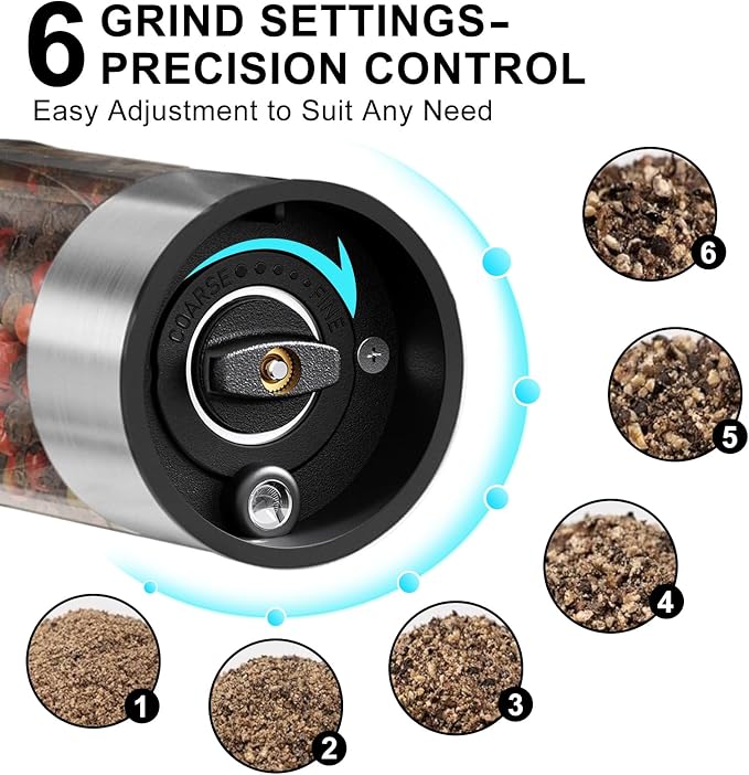 Electric Salt and Pepper Grinder Set, Rechargeable Automatic, Adjustable | USB-C rechargeable, one-hand automatic grinding, 6 coarseness levels, top-fill 3.2oz, storage base, stainless steel, LED