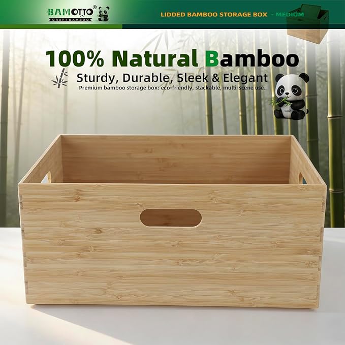 BAMOTTO CRAFTBAMBOO 14.6”x10.2”x6.5” Lidded Storage Bins - Stackable Bamboo Box/Cube/Basket with Handles for Home Kitchen Office, Organize Tableware Clothing Toys Books