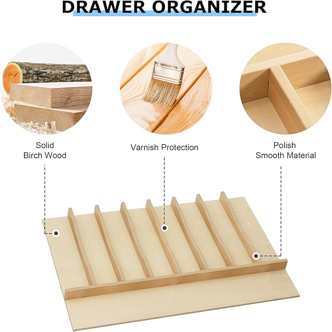 WelFurGeer Solid Birch Wood Silverware Drawer Organizer, Wooden Cutlery Drawer Organizer, Utensil Tray for Kitchen Drawers, Kitchen Utensil Organizer for Silverware, Flatware, Spoons, Forks, Knives
