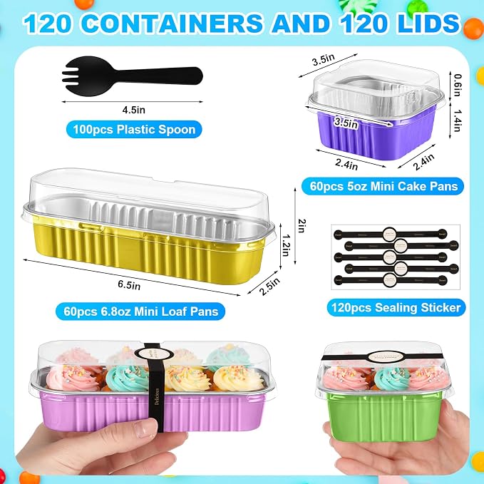 LemonRoad 120 Pcs Mini Loaf Pan with Lids and Spoons 6.8oz Rectangular Aluminum Foil Bread Pan 5oz Square Cake Cup with Decal Disposable Baking Supply for Graduate Wedding Birthday (Candy Colors)