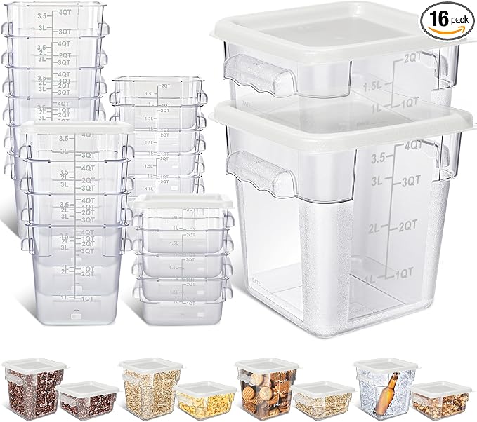 Yungyan 16 Pcs Restaurant Food Storage Containers with Lids Set 2Qt and 4Qt Commercial Restaurant Square Storage Containers Clear Food Cereal Container for Kitchen Freezer (White Lids)