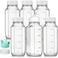 CUCUMI 6 Pack 16 Oz Glass Milk Bottles with Lids, Glass Juice Bottles with Scale & Silicone Pour Spout, Reusable Juice Containers Square Drinking Jars for Milk, Coffee, Smoothies, Water