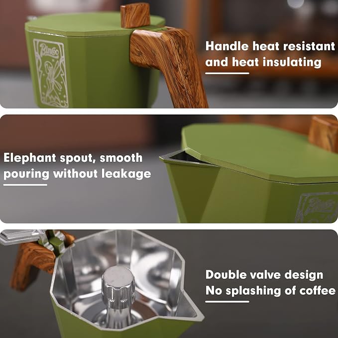 Bincoo 120ML Stovetop Espresso Maker Double Valve Moka Pot with Thermostat Extractor Prevent over-extraction,Italian Espresso Moka Pot with Powder Dispenser and Filter Paper for Home(Green)