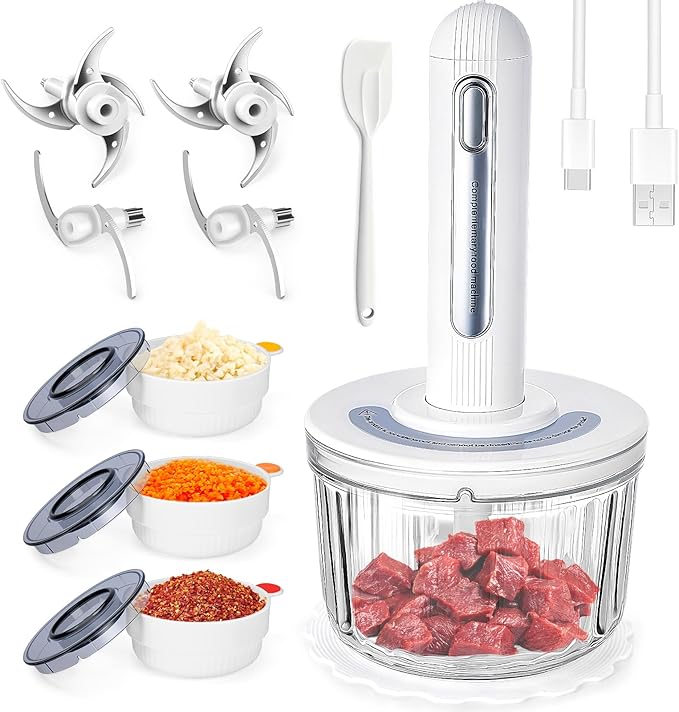 Glass Food Processor Small, USB Charging Wireless Electric Meat Grinder with 4 Blades & 4 Bowls (1x8 Cup+3x0.5 Cup), Mini Chopper Food Processor for Home Use, Onion, Garlic, Ginger, Baby Food