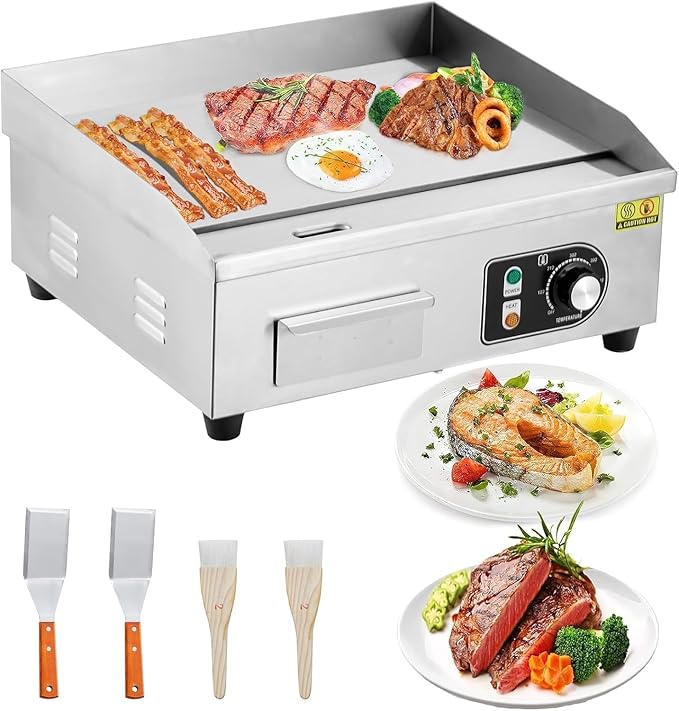 18" 1500W Commercial-Grade Stainless Steel Electric Griddle – Adjustable Temp 122-572°F, Half Flat Top Grill with 2 Shovels & Brushes, Plug Included for Indoor/Outdoor Cooking