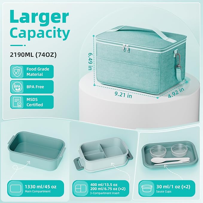 DaCool Adults Lunchbox Bento Box with Lunch Bag- 74 OZ All-in-One Stackable Lunch Box for Adults Kids Leakproof Bento Large Lunch Box Containers with Fork Spoon Sauce Box for Work School (Green)