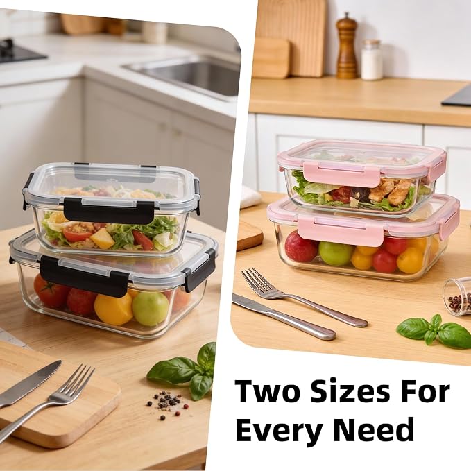 Konokyo 24 Pack Rectangular Glass Food Storage Containers with Lids, 12 Pink + 12 Black, Airtight Leakproof Meal Prep Containers, BPA-Free, Microwave Oven Freezer & Dishwasher Safe