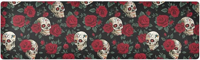 2 in 1 Table Runner Trivet for Hot Pots and Pans Heat Resistant Non Slip Waterproof 39 x 12 Inch Decorative Table Protector for Kitchen Countertop Mexico Skull Rose Flowers Red